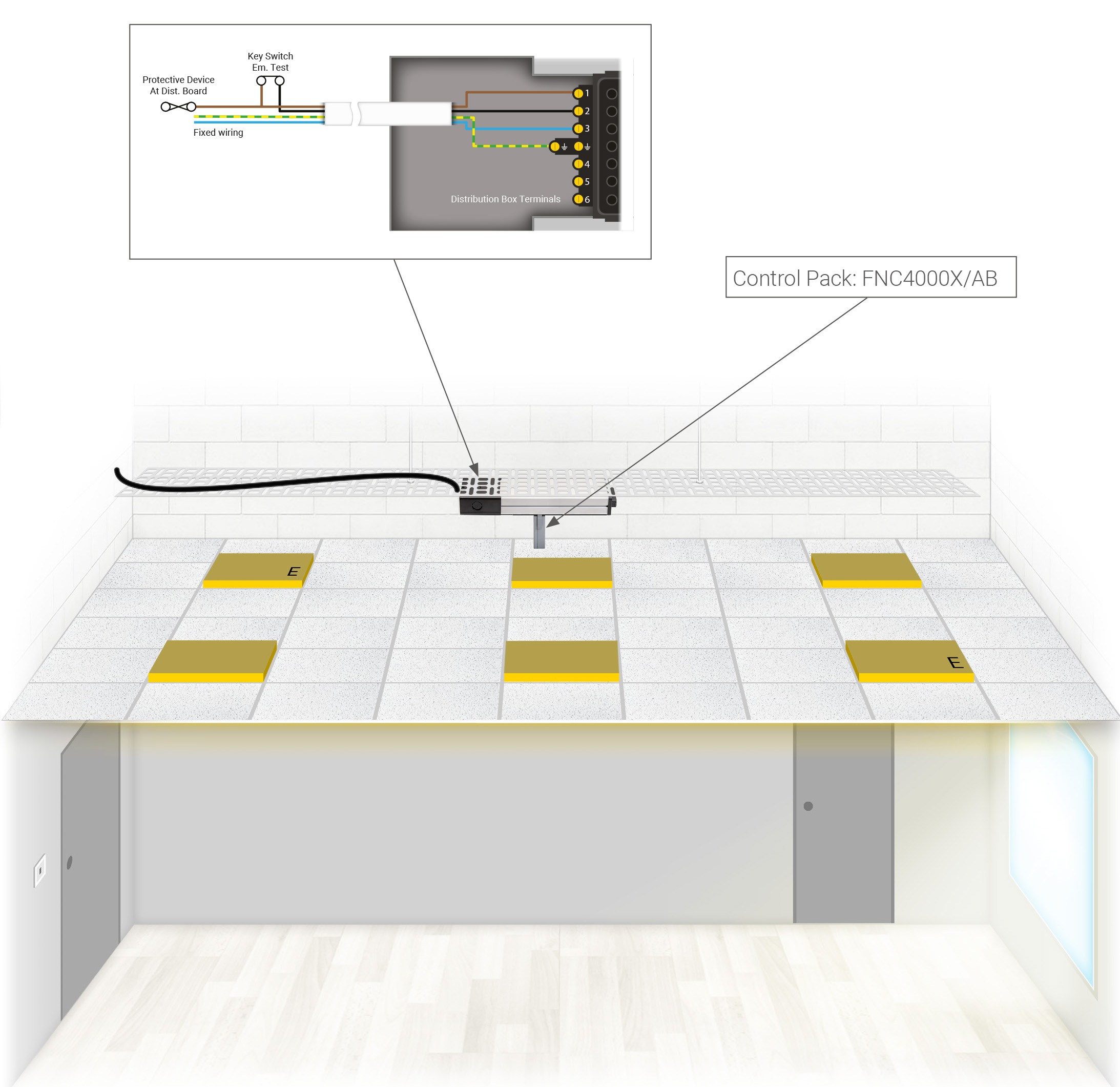 Diagram of a lighting distribution box and lighting control pack installed above the ceiling of a room with 6 luminaires in it.